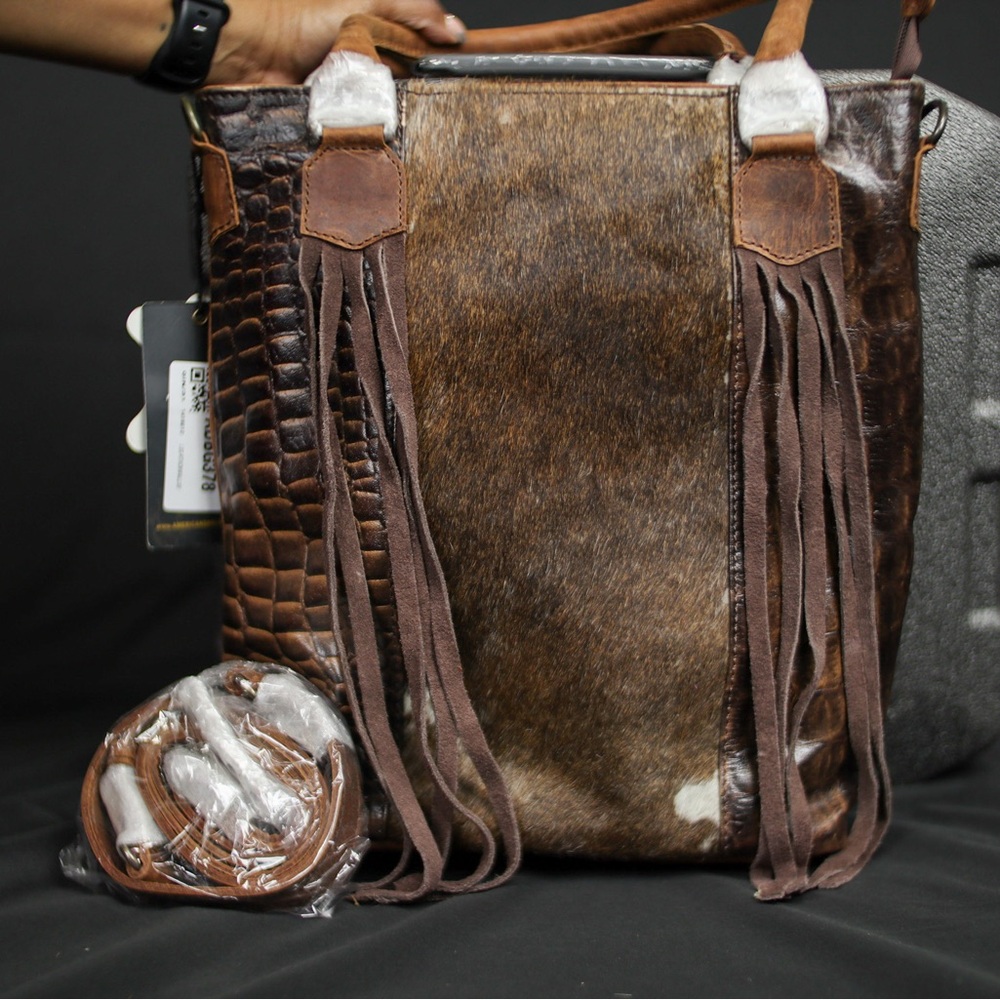 Brown Leather and Fur Tote with Fringe